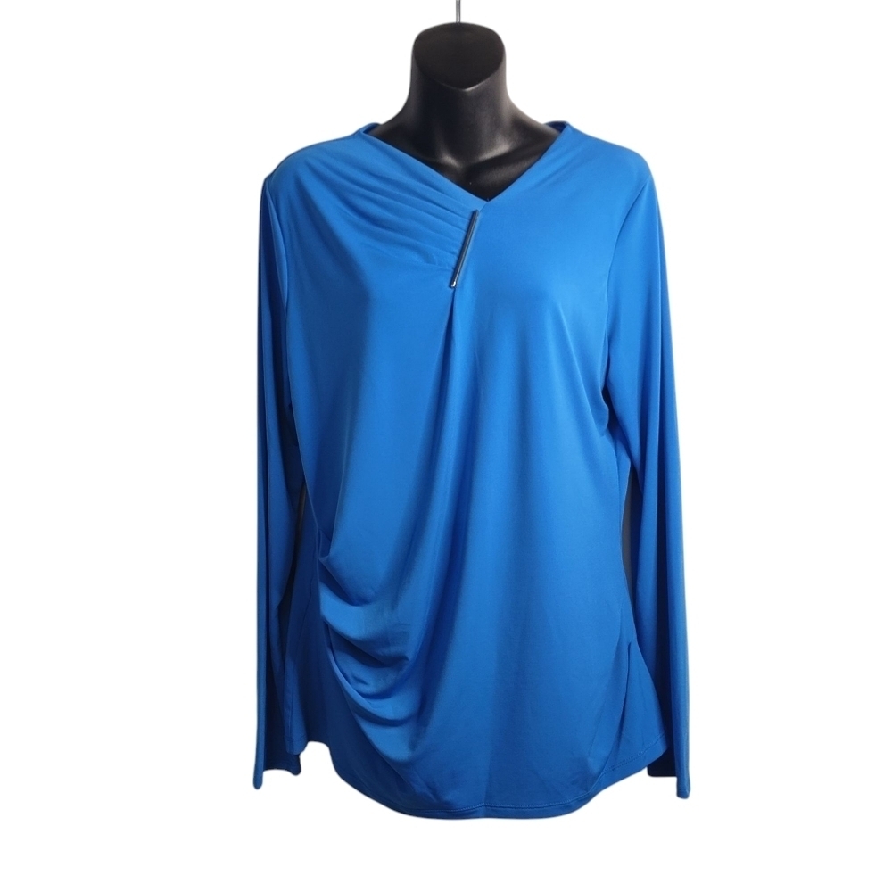 Liz Claiborne Blouse Women's  Blue Long Sleeve Stretch Career V-Neck Ruched Sz L
